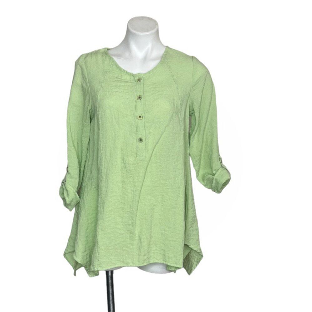 HABITAT Green Shirt Half Button Popover Oversized Lagenlook Womens Size XS
